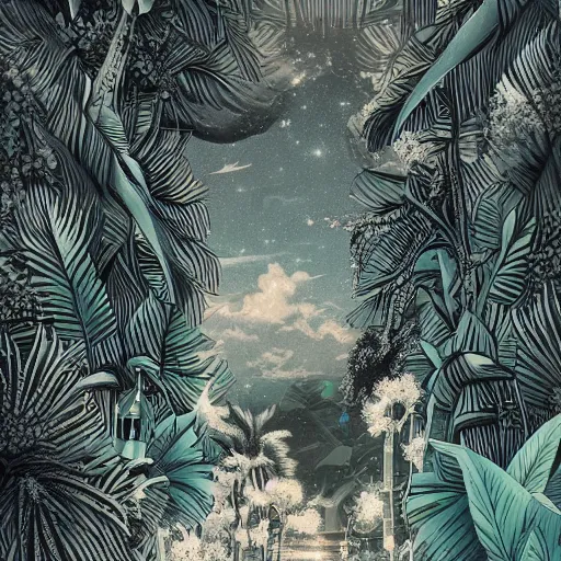 Image similar to black paper + an intricate lelabo shop depiction + elaborate white illustration, very detailed, deviantart, 8 k vertical wallpaper, tropical, colorful, airy, anime illustration, anime nature