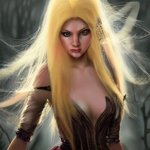 Prompt: female assassin fairy brushing a stray wisp of hair from her face and allowed herself to be led into the clearing. she is blonde with amber eyes. cinematic, intense, vibrant, very detailed digital art