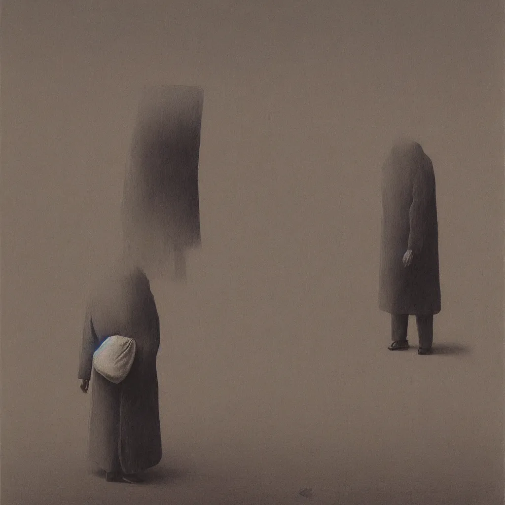 Image similar to Man in a business suit with a bag covering his head, by Zdzisław Beksiński