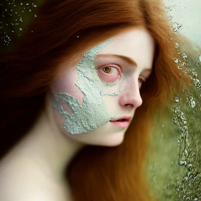 Image similar to Kodak Portra 400, 8K,ARTSTATION, Caroline Gariba, soft light, volumetric lighting, highly detailed, britt marling style 3/4 , extreme Close-up portrait photography of a beautiful woman how pre-Raphaelites,inspired by Ophelia paint, the face emerges from water of Pamukkale, underwater face, hair are intricate with highly detailed realistic beautiful flowers , Realistic, Refined, Highly Detailed, interstellar outdoor soft pastel lighting colors scheme, outdoor fine art photography, Hyper realistic, photo realistic