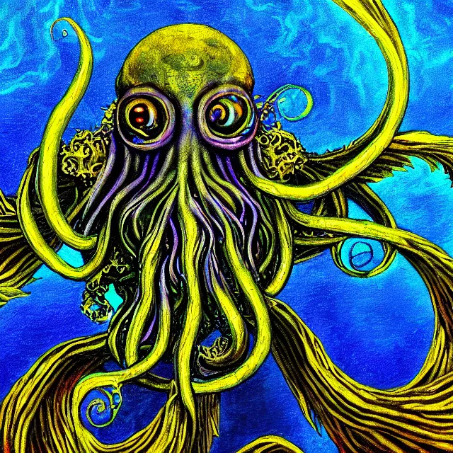 Prompt: angelic ophanim cthulhu mythos covered in eyes tentacles and golden light, oil painting award winning, chromatic aberration sharp colors