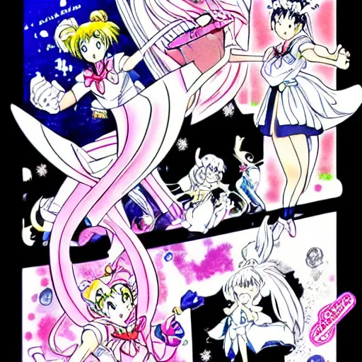 Image similar to sailor moon, illustrated by mato and ken sugimori and akira toriyama, manga, black and white illustration