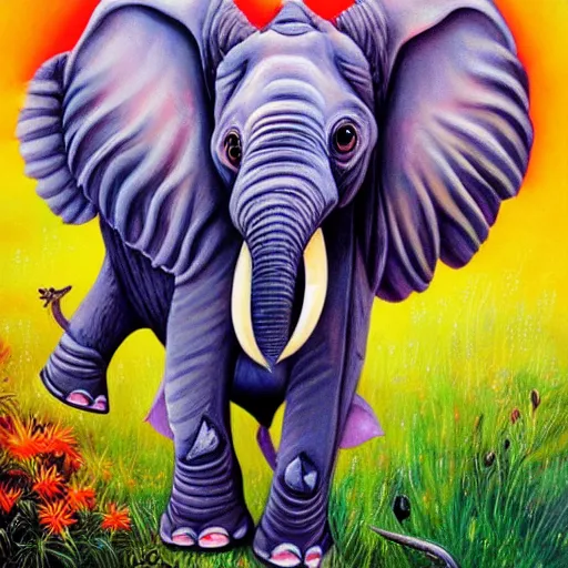 Prompt: hybrid creature mix of baby elephant and triceratops cute colorful detailed oil painting 4k
