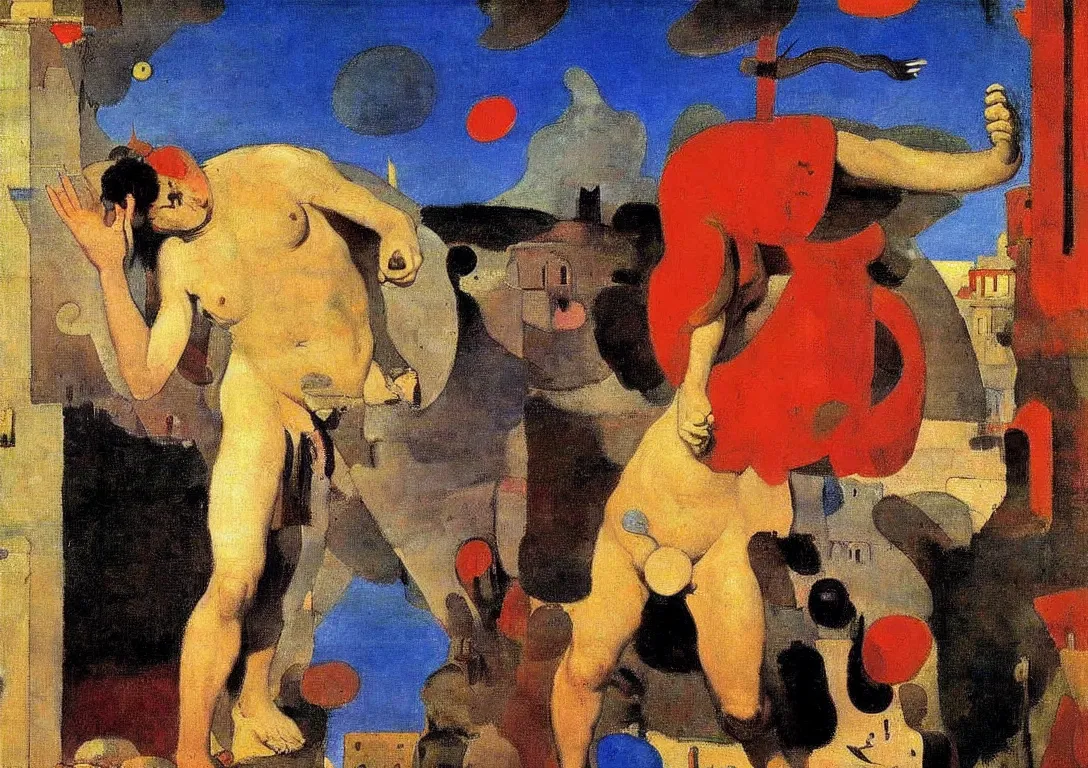 Image similar to a multiracial greek god following a watchful light through the streets of a city, saturated color scheme, sparse detail, by george luks, joan miro and moebius