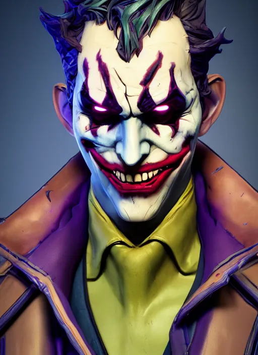 Image similar to glowwave portrait of joker from borderlands 3, heri irawan, hyper detailed, digital art, trending in artstation, cinematic lighting, studio quality, smooth render, unreal engine 5 rendered, octane rendered, art style by klimt and nixeu and ian sprigger and wlop and krenz cushart.