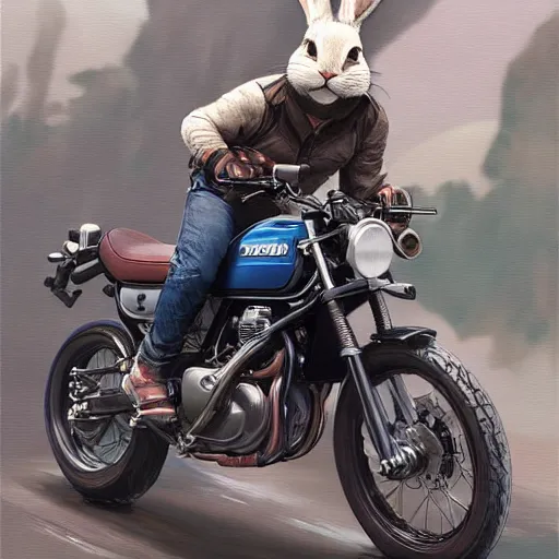 Image similar to a bunny riding!!! a 8 6 suzuki dr 6 0 0 scrambler, highly detailed, digital painting, artstation, concept art, matte, sharp focus, highly detailed, 4 k, hdr, smooth, sharp focus, high resolution, award - winning photo, photorealistic, art by artgerm and greg rutkowski and alphonse mucha, large shot