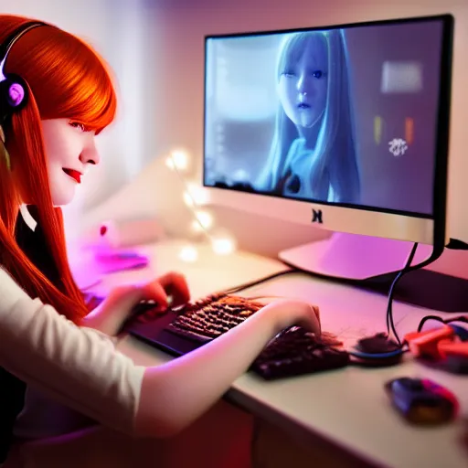 Prompt: cute young redhead girl gaming at her desk in bedroom, rgb led, soft round face, dslr, wlop, artgerm, ultra realistic, trending on artstation, perfect lighting, high contrast, bokeh, sharp details, hasselblad, detailed