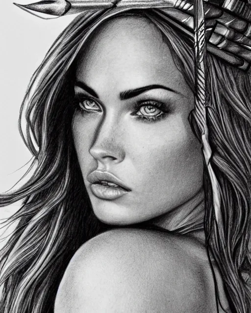 Image similar to pencil drawing of beautiful megan fox as greek goddess aphrodite, archer warrior, sagittarius tattoo, beautiful piercing eyes, flowing blonde hair, realistic face, hyper realistic, in the style of greg rutkowski, fantasy, amazing detail, epic, intricate, elegant, smooth, sharp focus