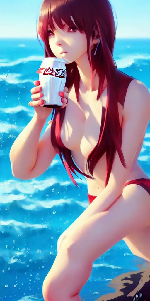 Image similar to full body picture of a girl drinking a coke, highly detailed face, very thirsty, dripping on the body, sharp focus, shiny day beach, extremely beautiful and cute and aesthetic face and body, specular reflection, occlusion shadow, trending on artstation, epic light novel cover art, art by ilya kuvshinov and sakimichan and jeremy lipking