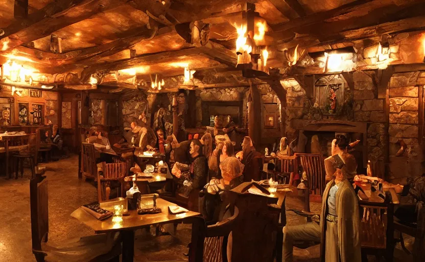 Prompt: medieval fantasy tavern, curtained booths, rowdy patrons, elves and humans, roaring fireplace