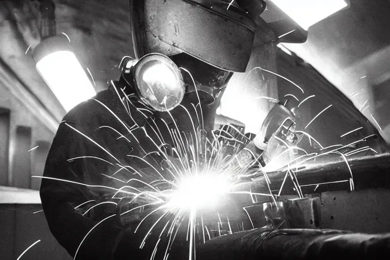 Prompt: close-up of Welder in welding mask in a subway, by Richard Avedon, tri-x pan stock