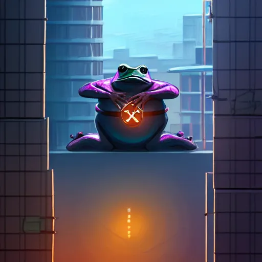 Prompt: A ninja frog with a big shuriken on its back standing at the top of a cyberpunk building, artstation, atmospheric, concept art, digital art