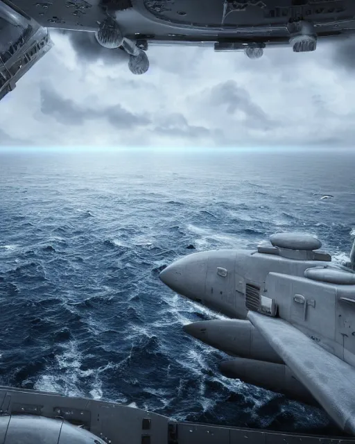 Image similar to view from an aircraft carrier of stormy seas, a gigantic spaceship flying overhead, stormy weather, unreal engine, hyper realism, realistic shading, cinematic composition, realistic render, octane render, detailed textures, photorealistic, ultrawide shot, 16mm lens