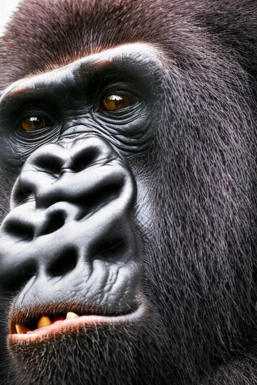 Image similar to close up portrait of a gorilla face filling the screen. Photography. 35mm. f/1.2. Nature. National Geographic