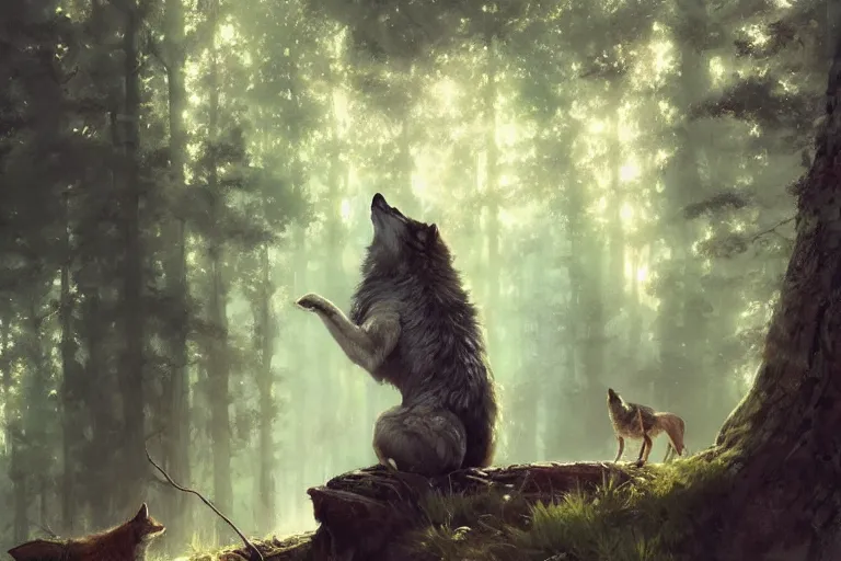 Prompt: wolf in the forest, stylized, sunlit, paint texture, digital painting, highly detailed, artstation, sharp focus, illustration, concept art, ruan jia, charlie bowater, tom bagshaw, norman rockwell