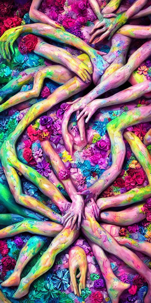 Image similar to closeup photograph of a surrealist sculpture human bodies intertwined, a lovely cornucopia of flowers and human body parts, body parts, paint pour, swirling paint, highly detailed, octane render, cinematic