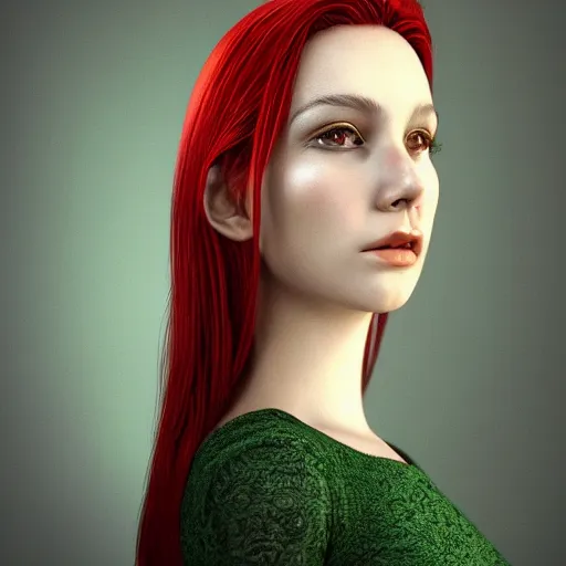 Image similar to girl portrait. red hair, green eyes. intricate artwork. octane render, trending on artstation, very coherent symmetrical artwork. cinematic, hyper realism, high detail, octane render, 8k, matte painting, 3d