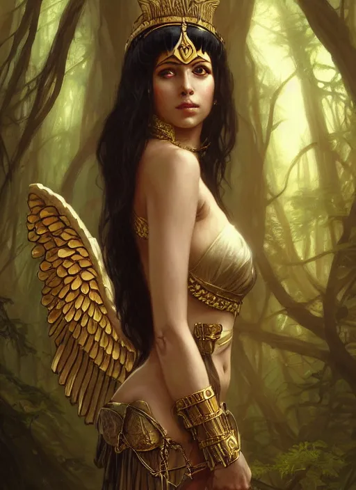 Image similar to cleopatra as the angel of death in a forest, deep focus, d & d, fantasy, intricate, elegant, highly detailed, digital painting, artstation, concept art, matte, sharp focus, illustration, hearthstone, art by artgerm and greg rutkowski and alphonse mucha