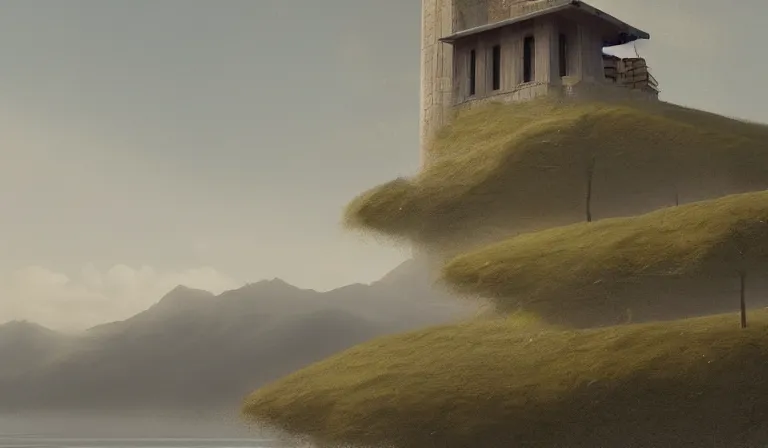 Prompt: A serene landscape with a singular building in the style of matte painting