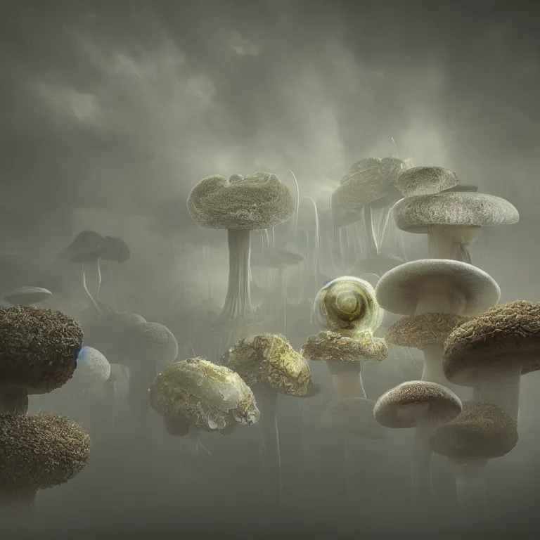 Image similar to a planet of various fungus, mushrooms and plants, inside the picture is infinity, Atmospheric phenomenon, artistic photography, muted colors, conceptual, long exposure outside the city, volumetric light