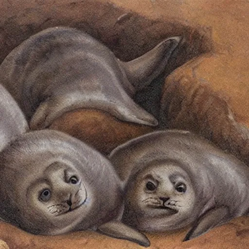 Image similar to three baby seals, Neanderthal cave painting