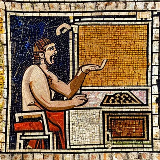 Image similar to ancient roman mosaic of a guy yelling at his computer, highly detailed, high quality, high resolution