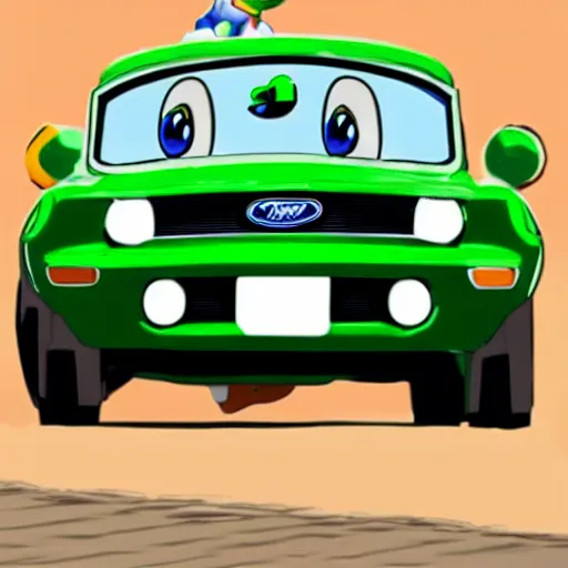 Image similar to luigi from super mario brothers driving a ford mustang, cartoon