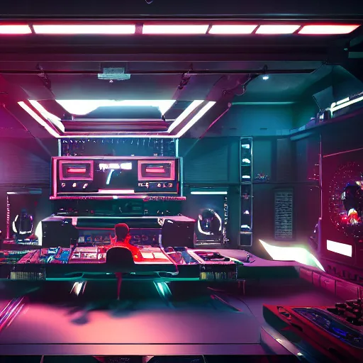 Prompt: dubstep dj flux pavilion in a futuristic high tech music synthesizer laboratory, modular synth, cinematic lighting, trending on artstation, 4k, hyperrealistic, focused, extreme details, unreal engine 5, cinematic, masterpiece