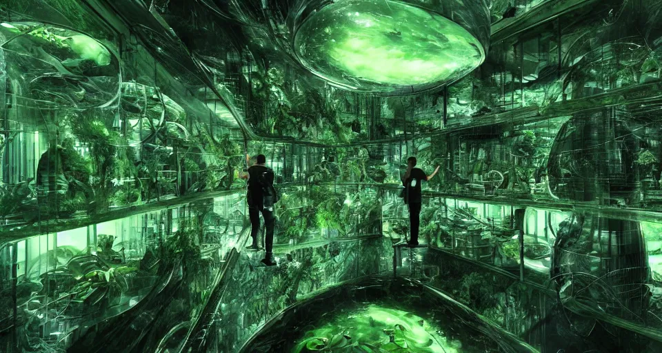 Prompt: a 1 8 mm photo of a scientist looking at a wall of green transparent bio - mechanical pods with different species of creatures inside, 4 k, unreal engine, concept art, matte painting, cosmic horror, nightmare,