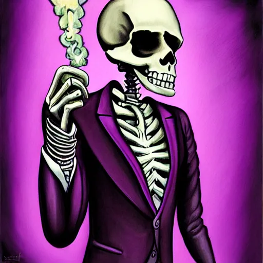 Image similar to a painting of a skeleton wearing a business suit and smoking a glowing purple cigar with glowing purple eyes, digital art, portrait, detailed