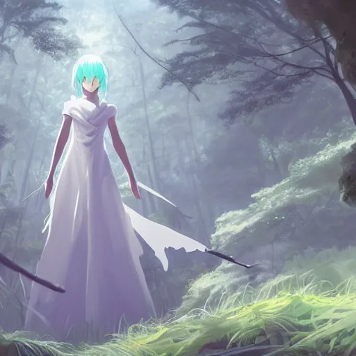 Prompt: concept art painting of a white demon wearing a turquoise dress, in the deep forest, realistic, detailed, cel shaded, in the style of makoto shinkai and greg rutkowski and james gurney