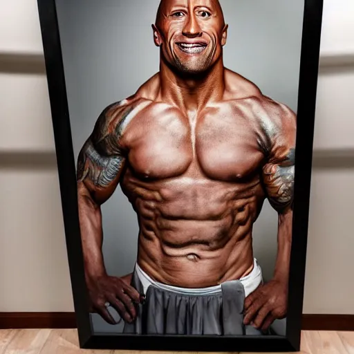 Image similar to Full-Body Portrait of Dwayne Johnson malnourished in front of a Ballet mirror, 4K quality, super-realistic