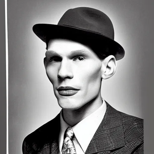 Image similar to A photograph portrait of Jerma985 wearing a suit with and fedora in the 1940s, taken in the early 1940s, grainy, taken on a 940s Kodak Camera, realistic, hyperrealistic, very realistic, highly detailed, very detailed, extremely detailed, detailed, digital art, trending on artstation