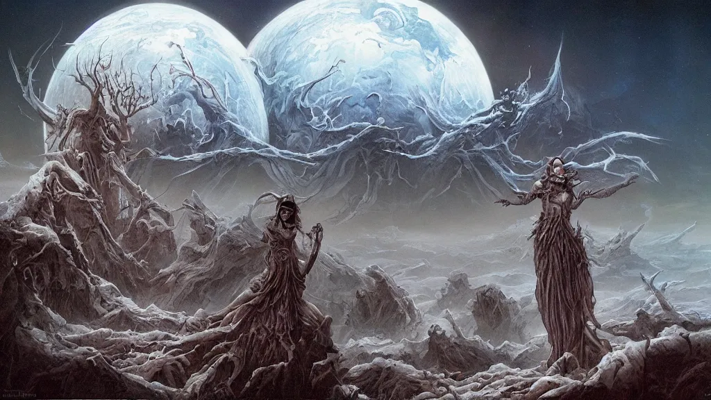 Image similar to eerie atmospheric otherworldly planet by gerald brom and glenn barr, epic cinematic matte painting