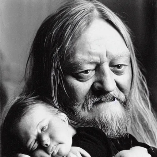 Image similar to robert wyatt cradling a goblin like a baby, photograph