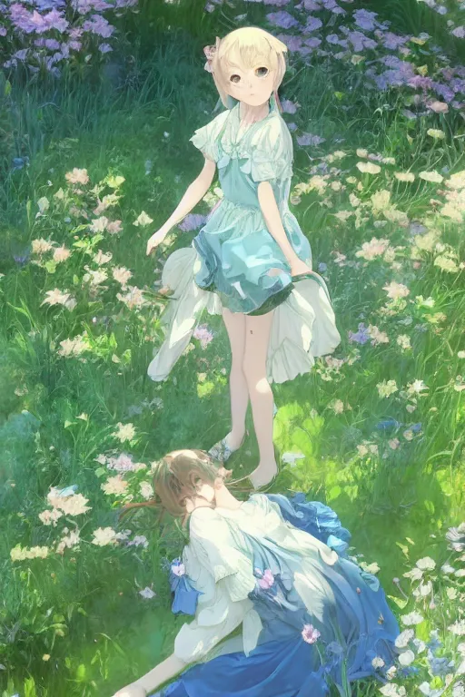 Image similar to a depressed digital art, loli in dress, garden, green and warm theme, blue accents, back lighting, highly detailed, 4 k resolution, trending on art station, by krenz cushart and mucha and akihito yoshida and greg rutkowski and makoto shinkai