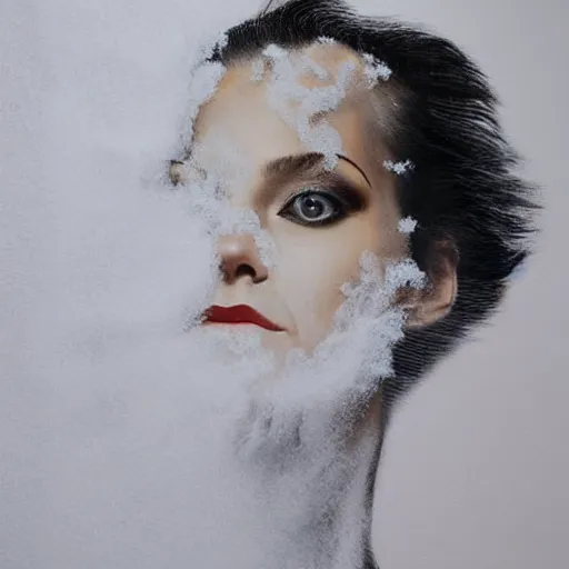 Prompt: full shot of a woman made from white smoke, hair made from black ink fluid in oil, style of roset conrad photo-realistic maximalist hyperrealism illustrated with gouache