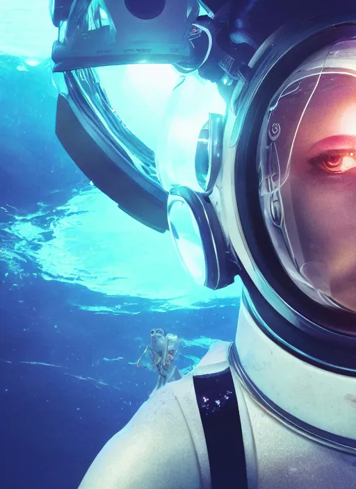 Prompt: Zoe Kravitz with short hair as a futuristic astronaut, helmet with led lights, underwater in the ocean at night, clear water, volumetric lighting, glowing lights, 4k, octane, underwater photography, artstation, concept art, sharp focus, wide angle view,