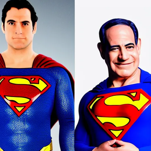 Image similar to photo of superman with the face of benjamin netanyahu, benjamin netanyahu as superman, bibi netanyahu dressed as superman, professional photography, studio lighting