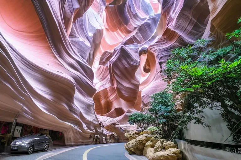 Prompt: futuristic luxurious street with Singaporean lush onsen with royal white and pink and white and luxurious gold colors, advanced civilization, high-end onsen, at the Antelope canyon with rocks formed by water erosion, walls made of beautiful smooth sandstone light beams that shine, polish narrow slots of walls into a striated swirling finish, waterfalls flowing with a volcanic lava eruption, lavs flowing through the land, digital painting, concept art, smooth, sharp focus, from Star Trek 2021, illustration, by WLOP and Ruan Jia and Mandy Jurgens and William-Adolphe Bouguereau, Artgerm