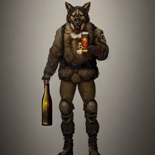 Image similar to a humanoid german shepherd beast - man in military style, holding a bottle of beer, artstation, concept art, smooth, sharp foccus ilustration, artstation