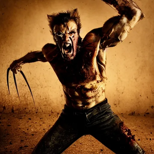 Image similar to the wolverine screaming, zombie, full body shot, butcher by yousuf karsh, golden hour, realistic, body shot, sharp focus, 8 k high definition, insanely detailed, intricate, elegant