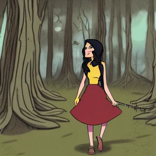 Image similar to marceline the vampire queen walking in the woods, detailed matte art