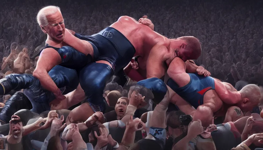 Image similar to Joe Biden wrestling at WWE, hyperdetailed, artstation, cgsociety, 8k