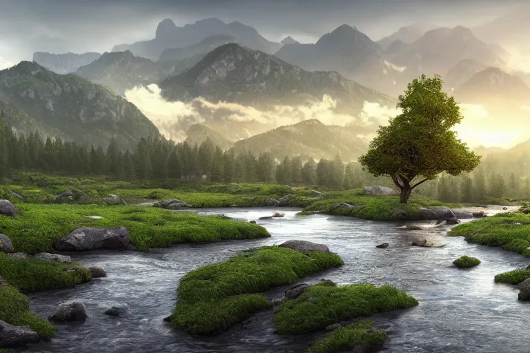 Prompt: A flowery meadow with a large tree in the left and a river on the right with rocky sides, a wooden bridge on the right and realistic mountains in the background, a slightly overcast sky at sunrise. ultra realistic, matte painting, concept art, 4k, trending on artstation, octane render, wide lens.