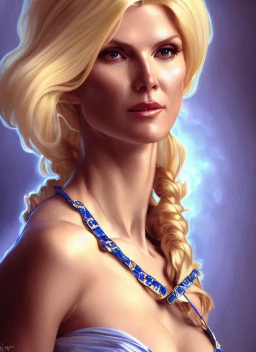 Prompt: portrait of victoria silvstedt as a lady, collar and leash, jewelry, greek, sapphire, intricate, headshot, highly detailed, digital painting, artstation, concept art, sharp focus, cinematic lighting, illustration, art by artgerm and greg rutkowski, alphonse mucha, cgsociety