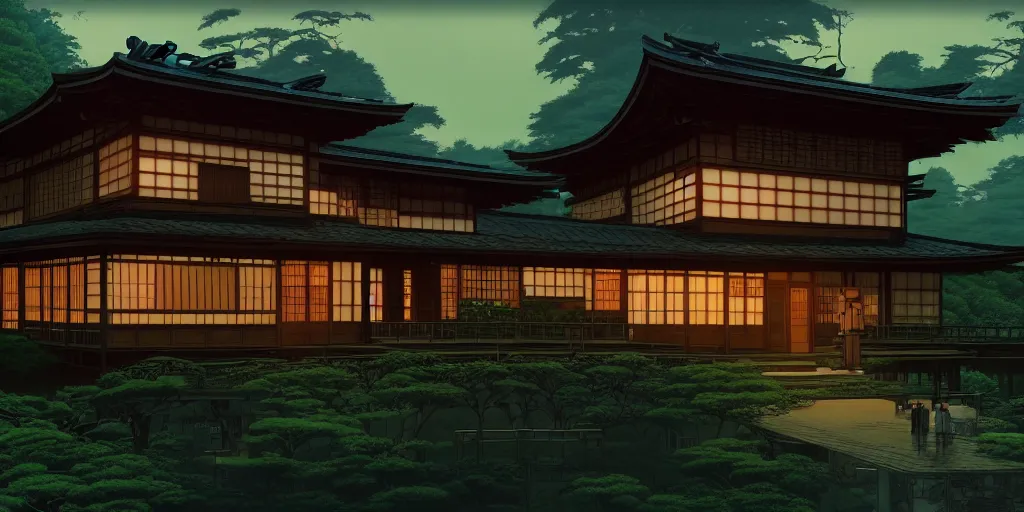 Image similar to twilight lighting, moody, atmospheric, solarpunk, old traditional japanese sleek modern mansion made of wood in a green garden, with a front porch, on the lonely hill by ghibli studio and victor ngai, ghost in the shell, akira, pixar highly detailed, 8 k h 5 7 6