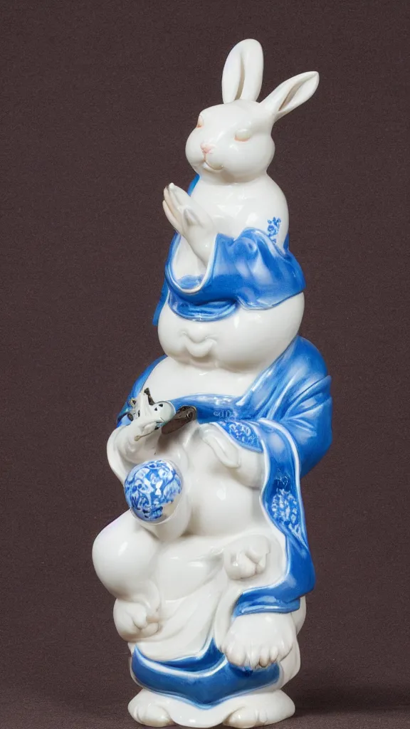 Image similar to porcelain rabbit head budda statue with blue details having a japanese kiseru in hand painted by john singer sargent