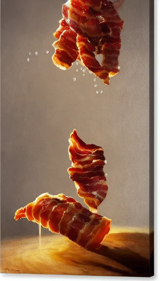 Image similar to painting of bacon sizzling, by Peder Krøyer, dramatic lighting, volumetric lighting, bubbles, golden hour, epic, intricate detail, canvas print