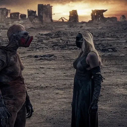 Image similar to a very huge, very big masked mutant man standing next to a very small blonde woman, they are staring at the horizon where there are the ruins of a city, postapocalyptic, mad max style, movie still